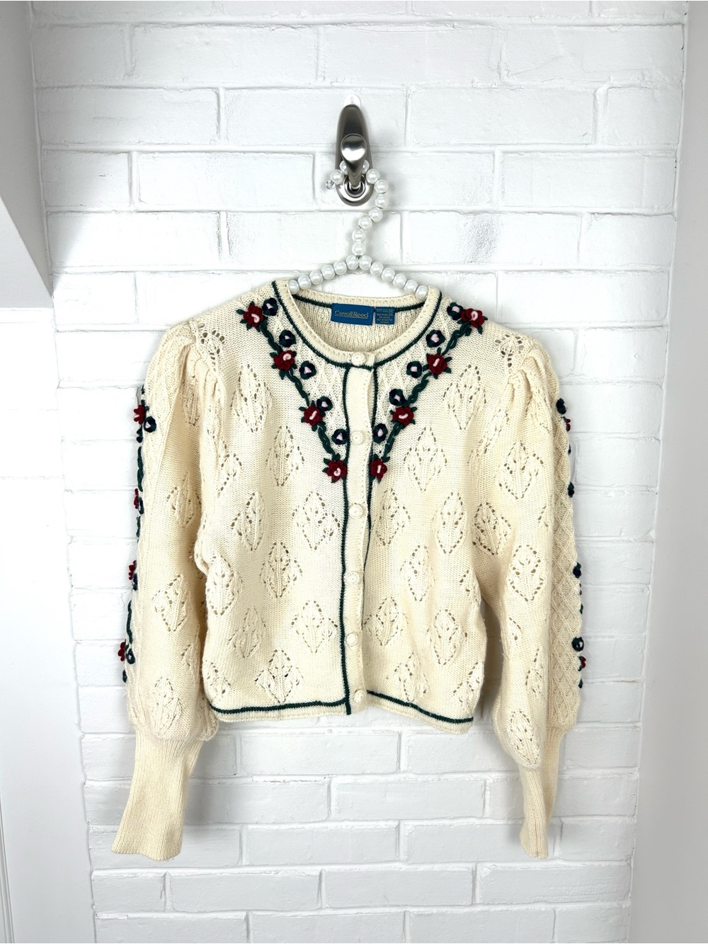 Vintage Carroll Reed Wool Knit Floral Cottagecore Cardigan Sweater Size M